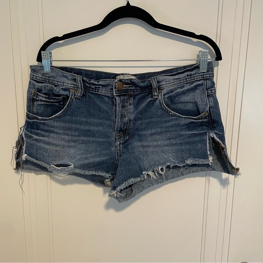 Free People Distressed Dark Blue Denim Jean Shorts
